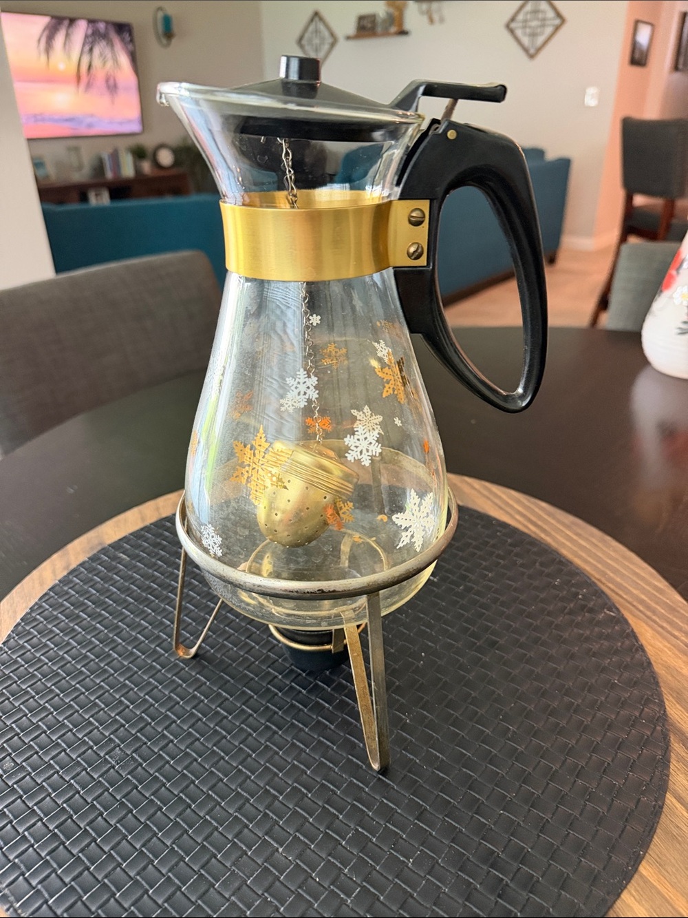 Vintage Pyrex Glass Coffee Coffee Carafe with Gold and Black Accents